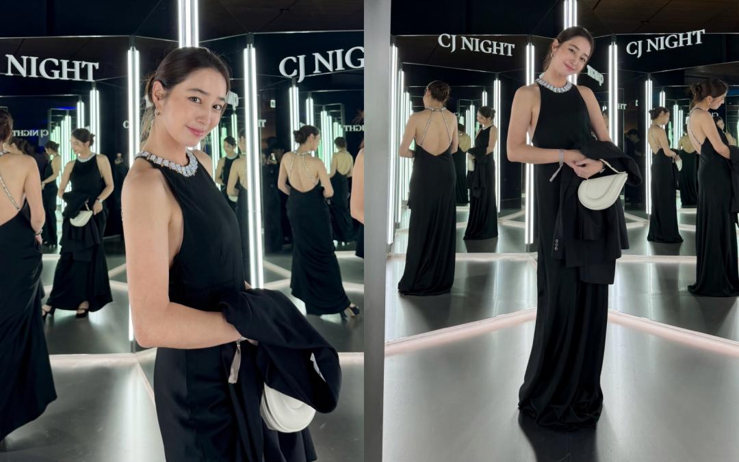 李珉廷穿黑色削肩禮服搭配寶格麗（BVLGARI）心型包優雅登場。