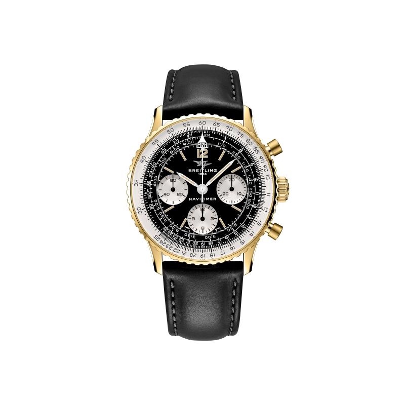 百年靈Navitimer B09 Chronograph 41 Tribute to Miles Davis「終身俱樂部會員」典藏組18K黃金款，黑色反熊貓面盤、黑色小牛皮錶帶，1,159,000元。（Breitling提供）