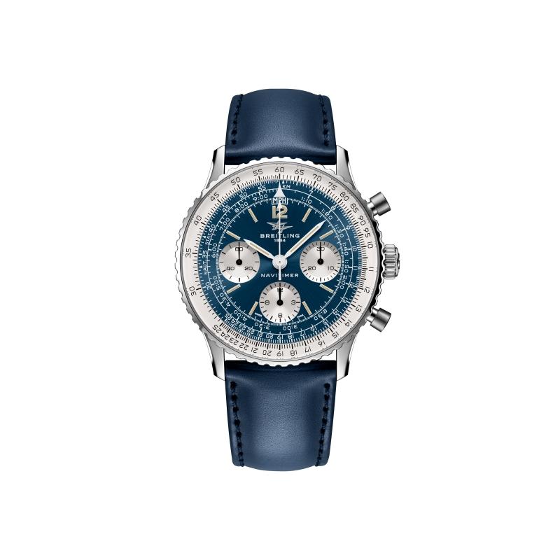 百年靈Navitimer B09 Chronograph 41 Tribute to Miles Davis「終身俱樂部會員」典藏組鉑金款，藍色面盤、白色小錶盤、藍色小牛皮錶帶，1,288,000元。（Breitling提供）