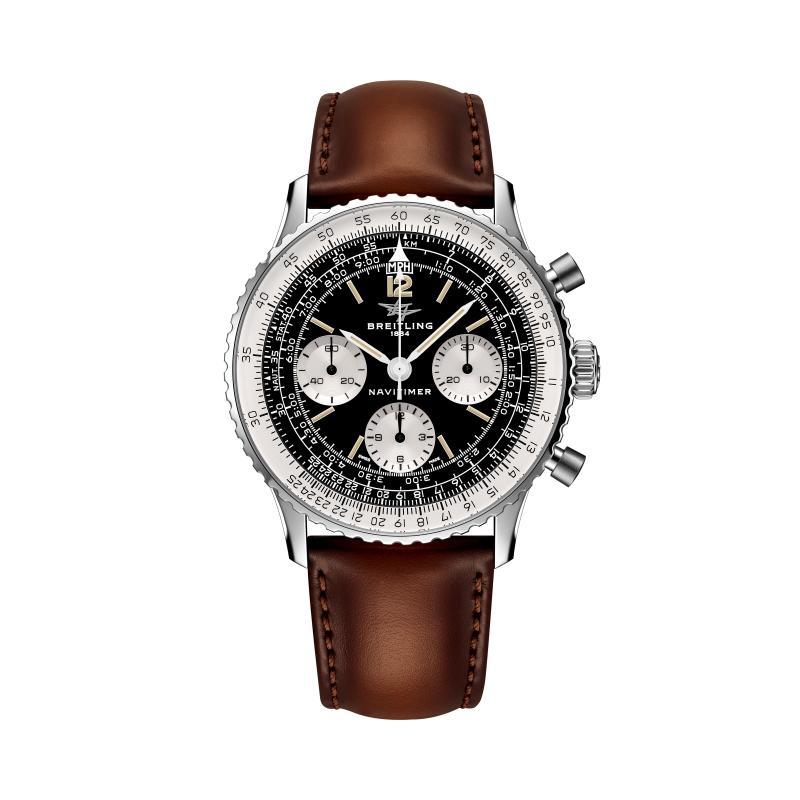百年靈Navitimer B09 Chronograph 41 Tribute to Miles Davis「終身俱樂部會員」典藏組精鋼款，黑色反熊貓面盤、棕色小牛皮錶帶，264,000元。（Breitling提供）