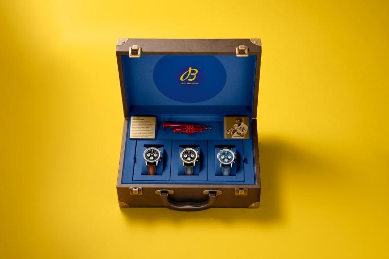 百年靈Navitimer B09 Chronograph 41 Tribute to Miles Davis「終身俱樂部會員」典藏套組，集結精鋼、18K黃金與鉑金3款腕錶，全球限量50組。（Breitling提供）
