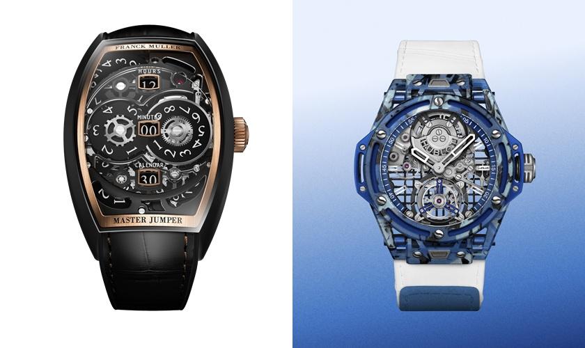 Franck Muller Curvex CX Master Jumper Skeleton三重順跳腕錶、Hublot BIG BANG陀飛輪喬科維奇GOAT藍色硬地款。