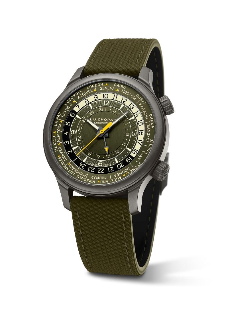 L.U.C Time Traveler One世界時間腕錶，搭載L.U.C 01.05-L自動上鍊機械機芯，陶瓷化5級鈦金屬錶殼，卡其綠色黃銅錶盤，具世界時間、GMT雙時區、日期及停秒功能，錶徑42mm，動力儲存60小時，防水深度50米，通過瑞士官方天文台（COSC）認證，693,000元，全球限量250只。（Chopard提供）