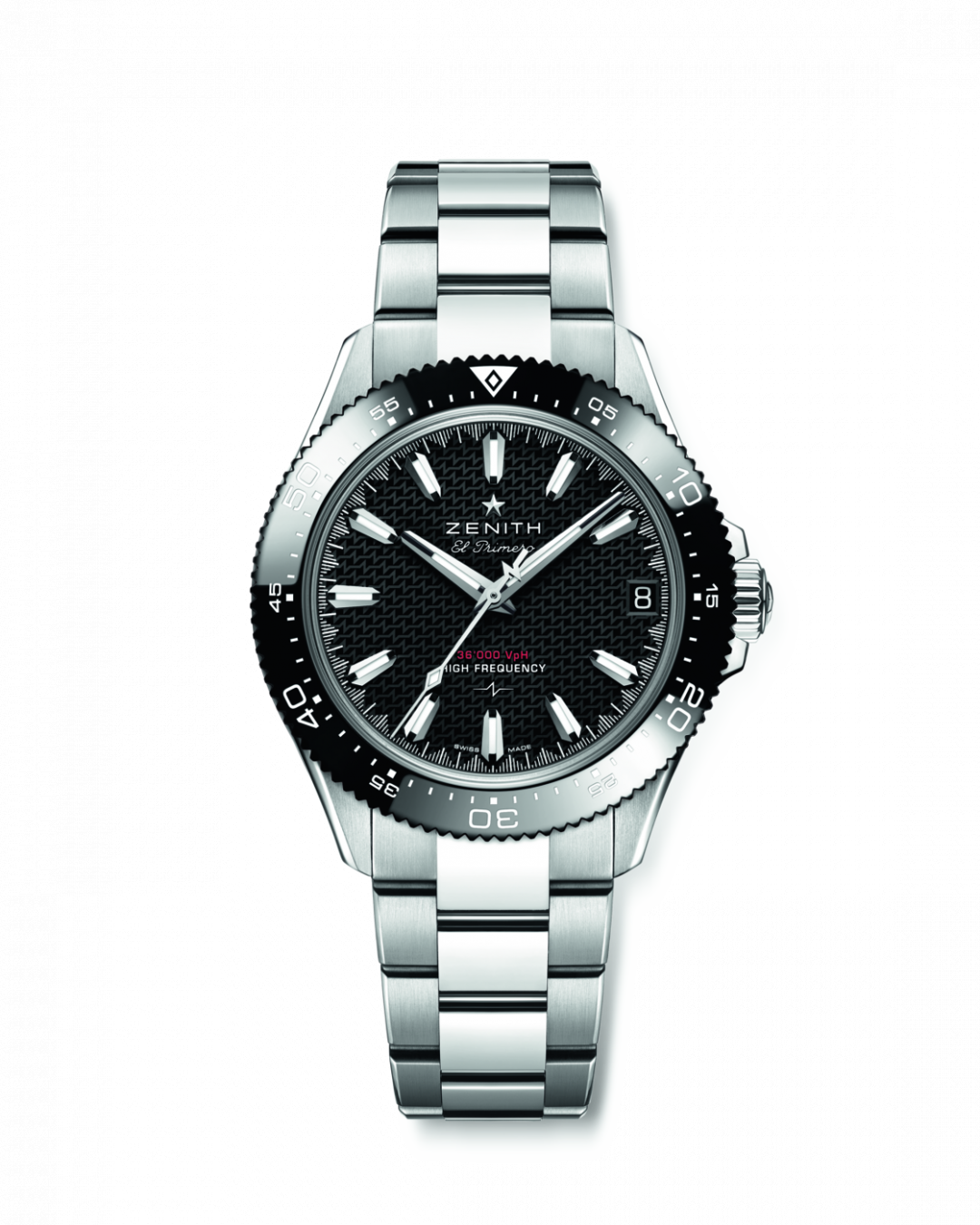 ZENITH真力時CHRONOMASTER Solo Sport高頻三針日期運動錶，搭載El Primero 3620自動上鍊機芯，精鋼、黑色陶瓷錶盤及黑色陶瓷錶圈，時間及日期顯示，錶徑40mm，防水深度200米，360,300元。