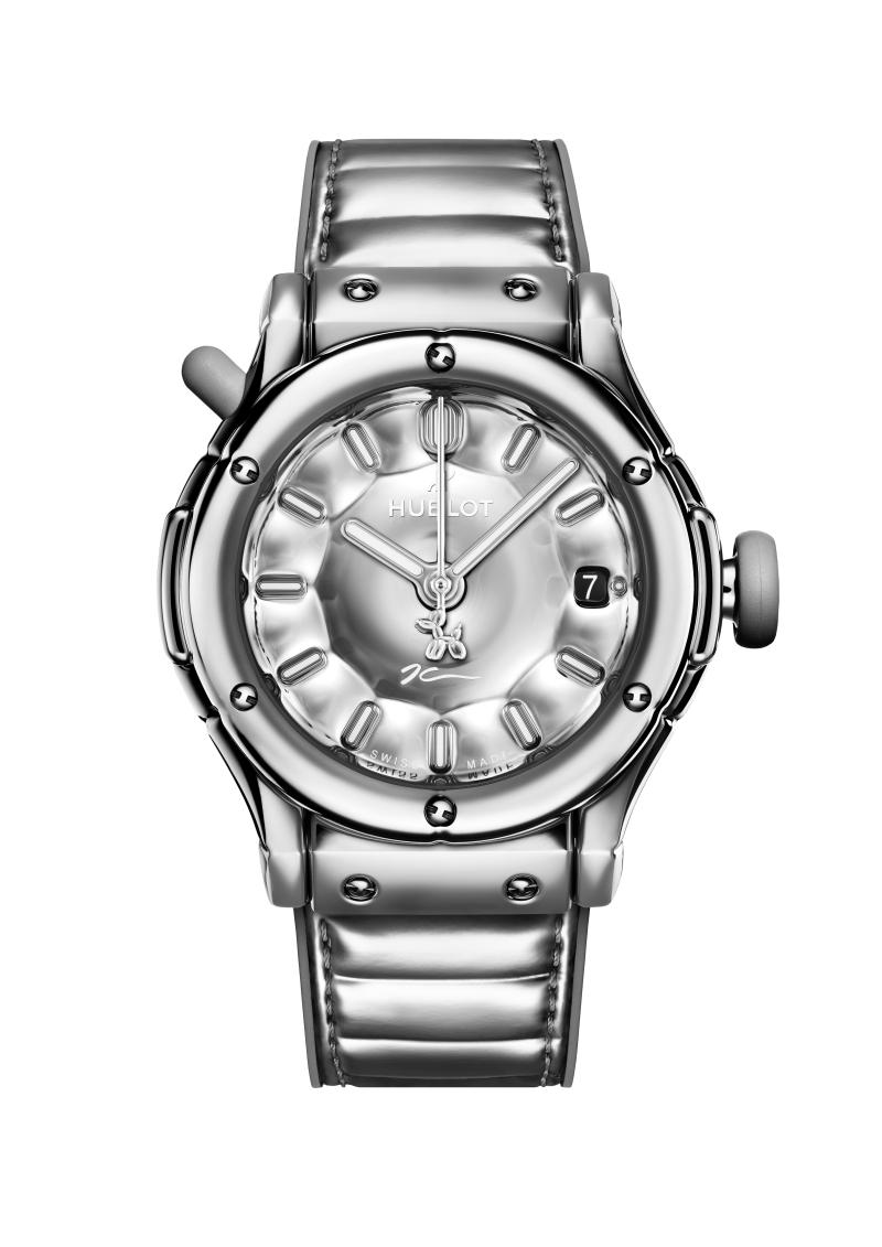 HUBLOT經典融合系列氣球狗腕錶精鋼款，搭載HUB1710自動上鍊機芯，精鋼錶殼，日期顯示，錶徑42mm，防水深度50米，動力儲存50小時，742,000元，全球限量200只。（HUBLOT提供）