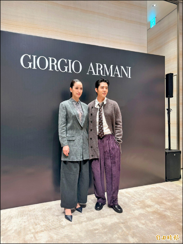 陳庭妮（圖左）、胡宇威（圖右）升格新手爸媽後首度合體出席Giorgio Armani新店開幕活動，胡宇威一走進MTM空間，就直呼有種「像國王一樣」的尊榮感。 （記者余崇慧攝）