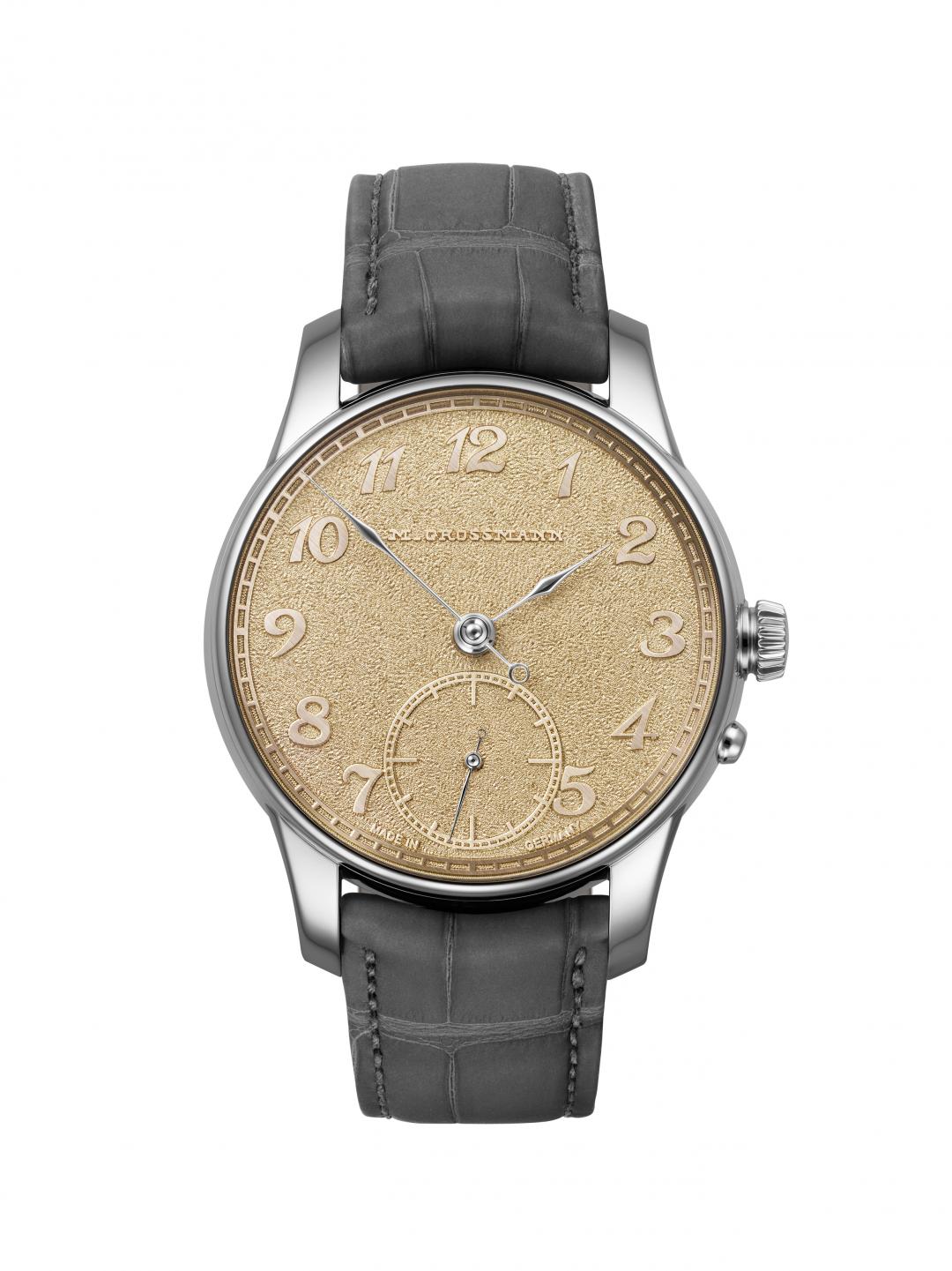 Moritz Grossmann TREMBLAGE Gold週年限量版腕錶，鉑金錶殼，18K玫瑰金Tremblage手工抖雕面盤，搭載Calibre100.1手動上鍊機芯，錶徑41mm，動力儲存42小時，約3,006,000元，全球限量8只。