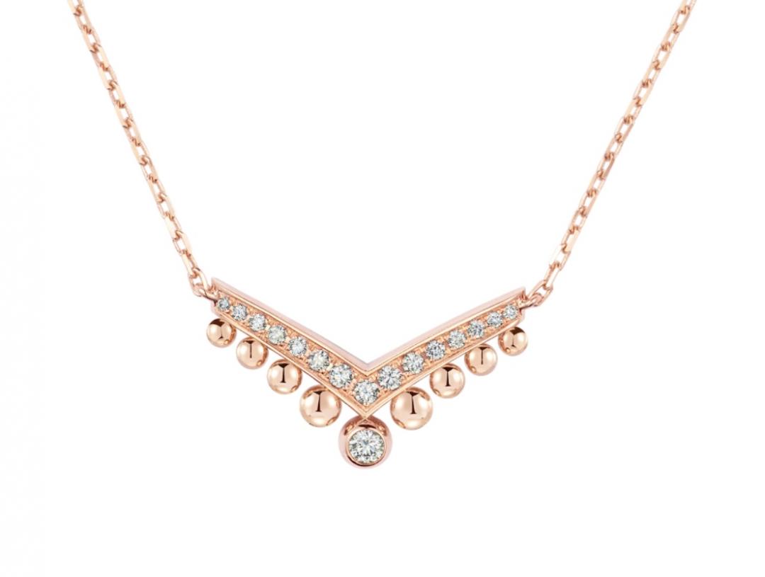 Joséphine Aigrette 18K玫瑰金項鍊，鏡面拋光金珠搭配明亮式切割鑽石，229,000元。