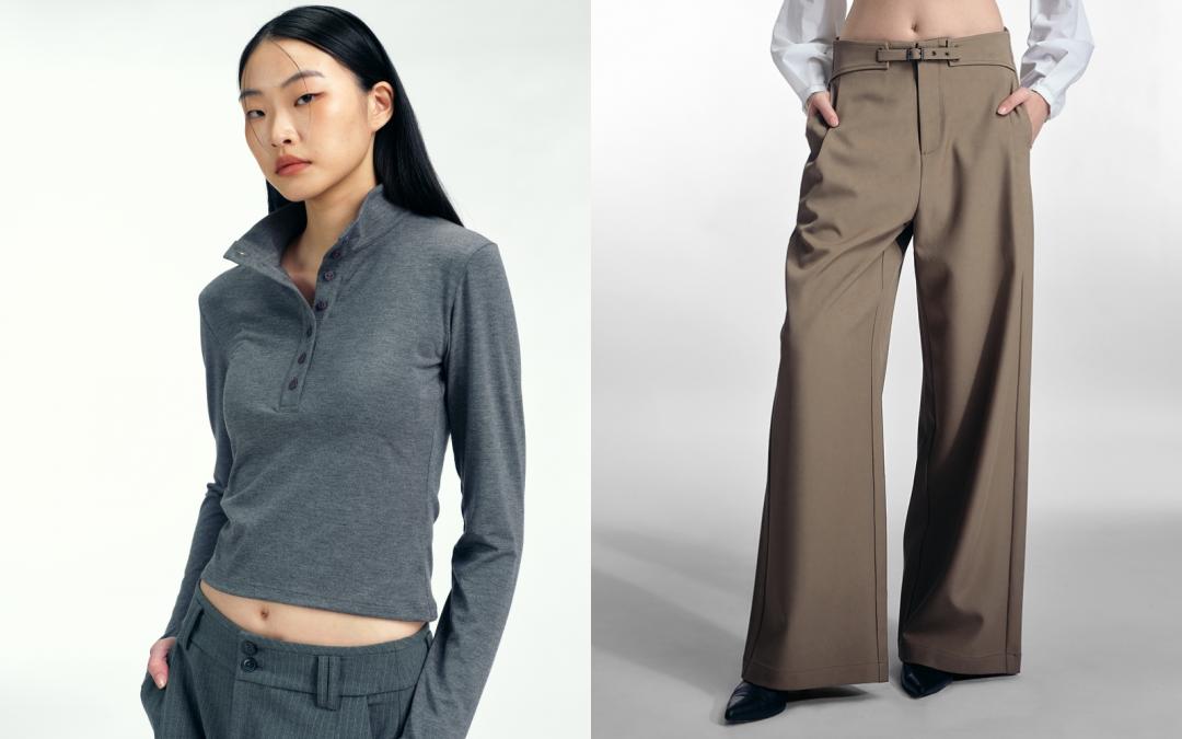 （左起）Fitted Turtleneck Top合身高領上衣（NT$1,580）、Waist-adjustable Pants可調式腰頭長褲（NT$2,680）。