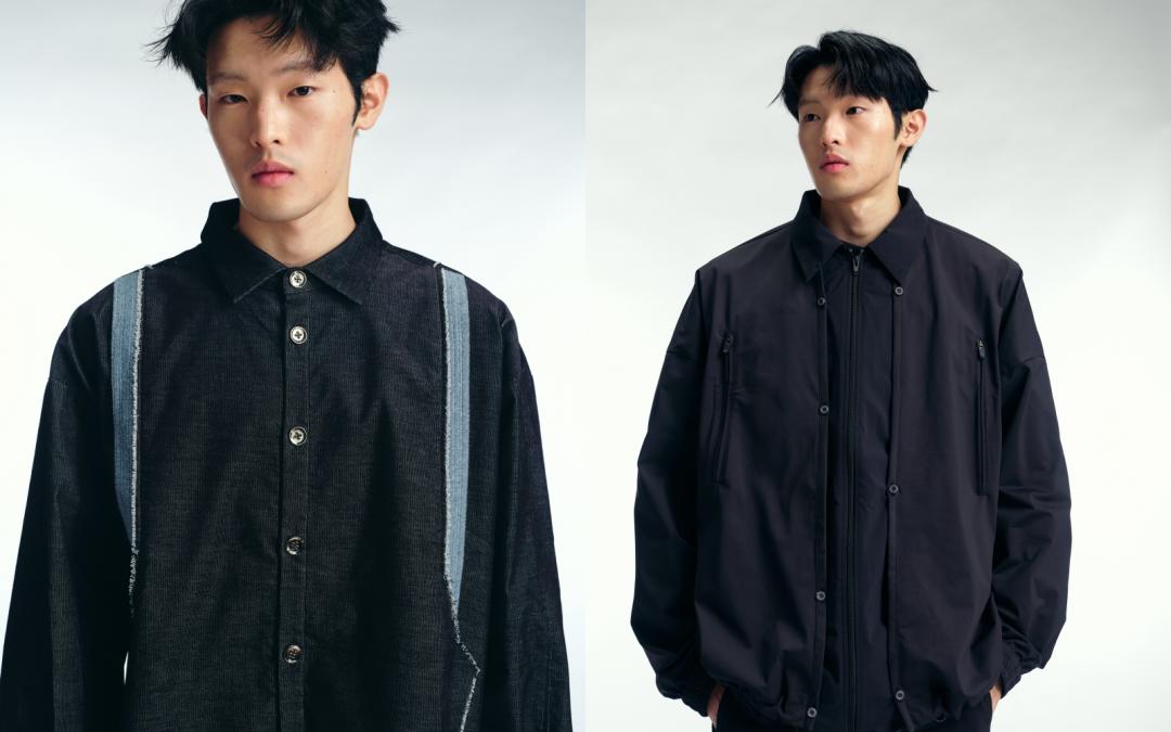 （左起）Frayed Denim Shirt毛邊丹寧襯衫（NT$4,080）、Layered Shirt Jacket層次拼接襯衫外套（NT$5,880）。
