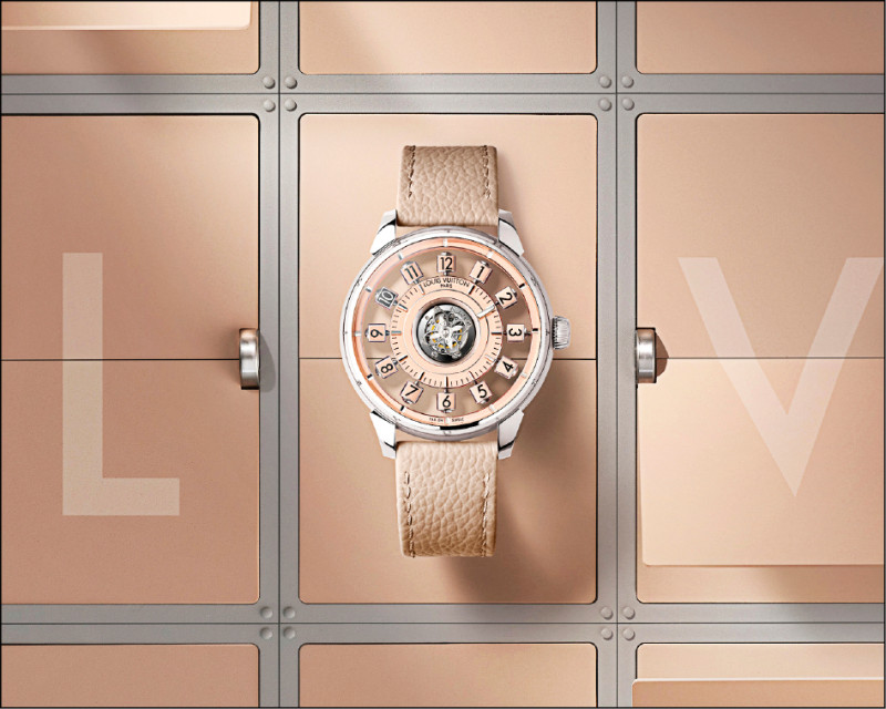 Louis Vuitton Tambour Spin Time Air鮭魚粉色飛行陀飛輪鉑金腕錶，價格店洽。