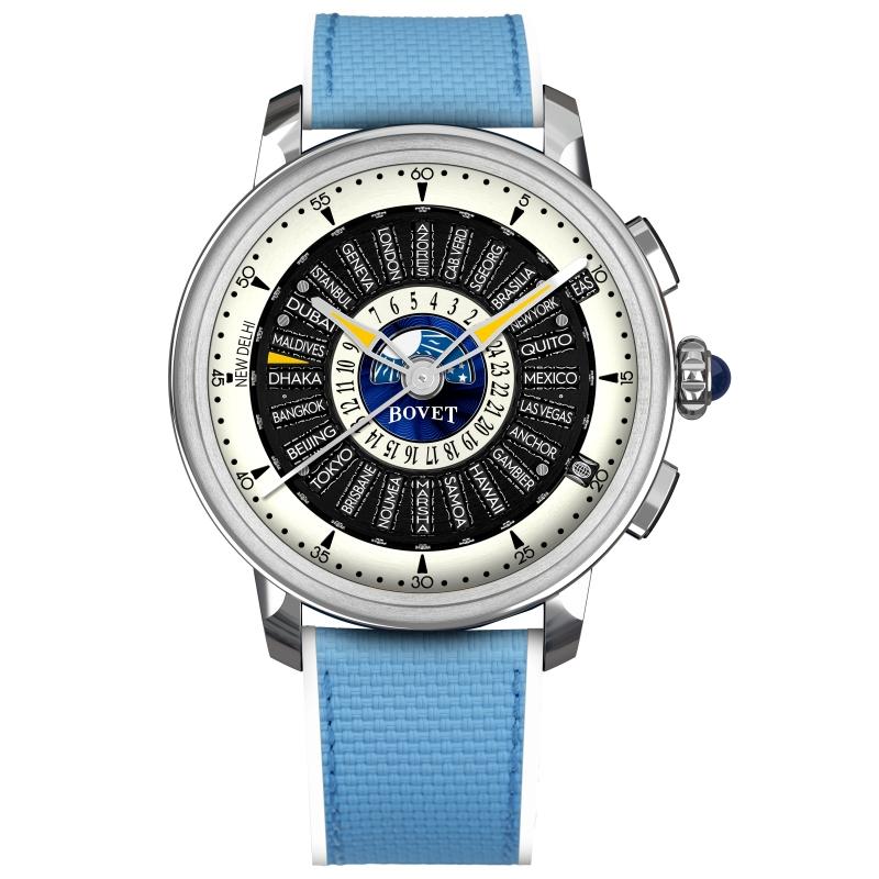 BOVET Récital 30世界時間腕錶，搭載R30-70-001自動上鍊機芯，5級鈦合金，配置26個滾軸與中央24小時世界時間盤，具世界時間、晝夜顯示及第二分鐘指針，錶徑42mm，62小時動力儲存，防水深度30米。（高登鐘錶提供）