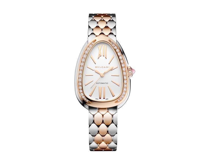 BVLGARI Serpenti Seduttori精鋼與玫瑰金鑲鑽腕錶，搭載BVS100 Lady Solotempo自動上鍊機芯，錶徑34mm，玫瑰金錶圈鑲36顆明亮切割鑽石、總重約0.62克拉，白色蛋白石錶盤，錶冠鑲蛋面切割粉紅碧璽，50小時動力儲存，防水30米。（BVLGARI提供）