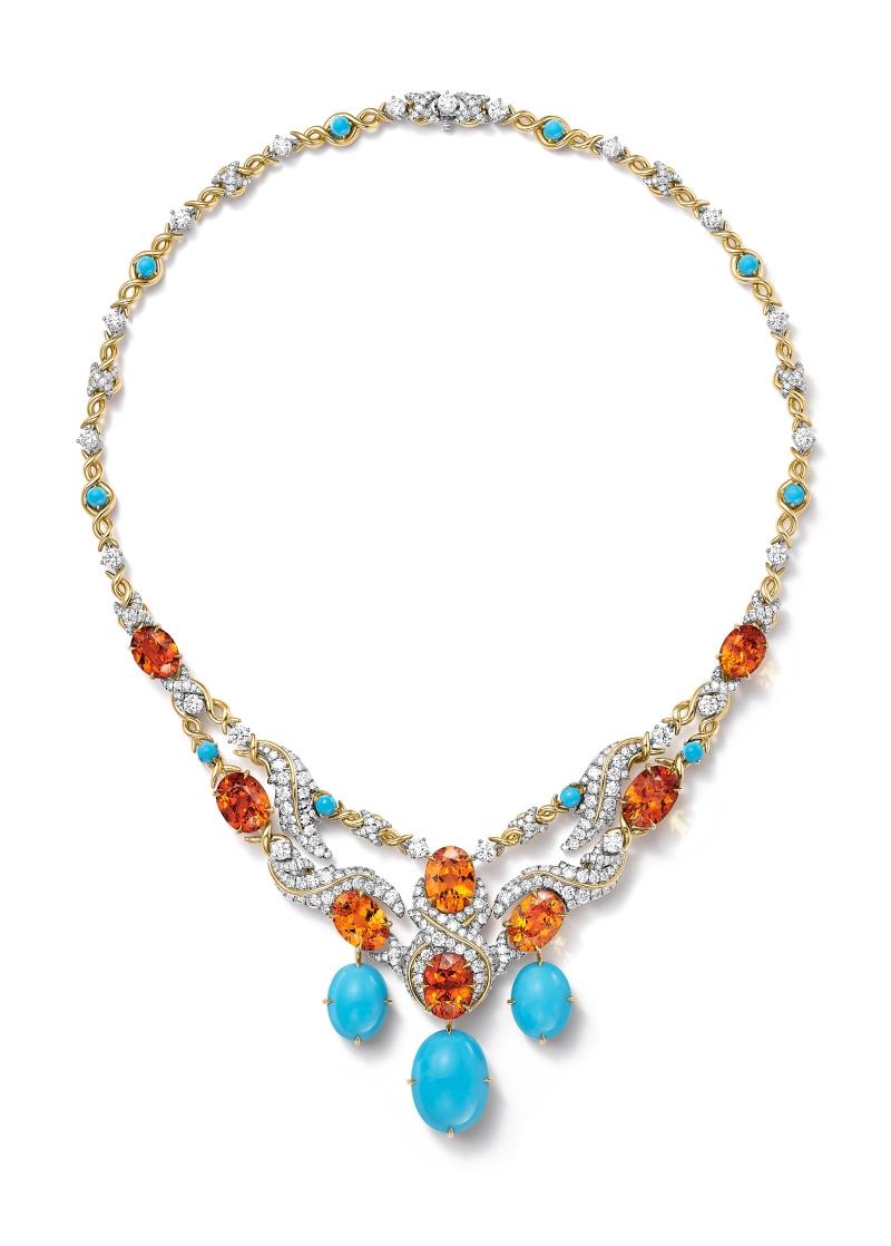 Hanging Fruit 碩果搖金系列錳鋁榴石與綠松石項鍊。（Tiffany & Co.提供）