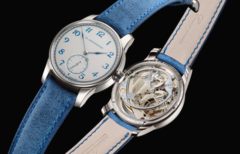 Moritz Grossmann 200週年誕辰紀念系列Hamatic Silver-Plated by Friction週年限量腕錶，銀色面盤搭配藍色阿拉伯數字與指針，小秒盤設於6時位置。（SwissPrimeBrands提供）