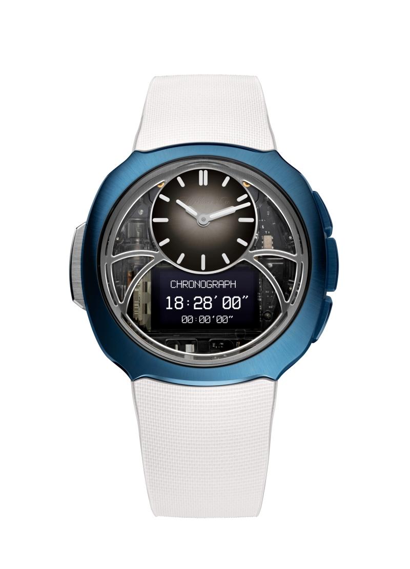 H. Moser & Cie.亨利慕時Off-Grid電子腕錶6DI0-1202，搭載D10電子機芯，藍色PVD處理不鏽鋼錶殼，灰黑色煙燻小錶盤，鏤空錶盤附數位顯示，一體式白色橡膠錶帶，錶徑42.6mm，防水深度120米，HKD37,500／USD4,900，限量1000只。（H. Moser & Cie.提供）