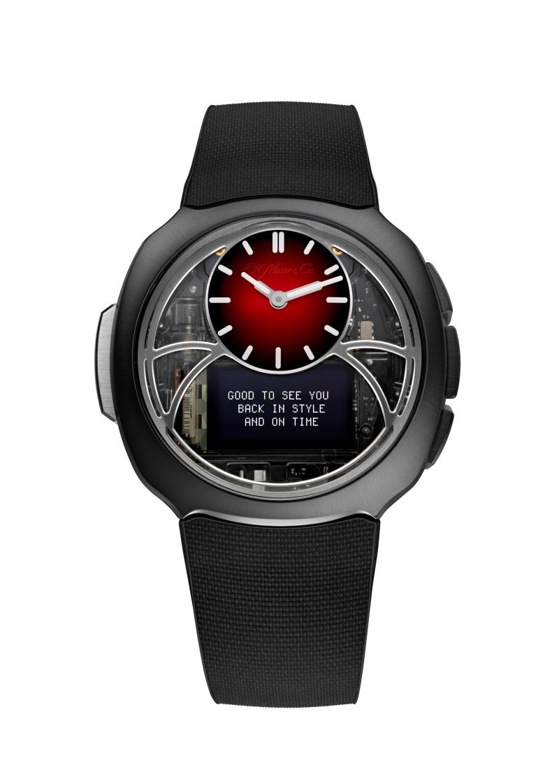 H. Moser & Cie.亨利慕時Off-Grid電子腕錶6DI0-1205，搭載D10電子機芯，黑色PVD處理不鏽鋼錶殼，紅色煙燻小錶盤，鏤空錶盤附數位顯示，一體式黑色橡膠錶帶，錶徑42.6mm，防水深度120米，HKD37,500／USD4,900，限量1000只。（H. Moser & Cie.提供）