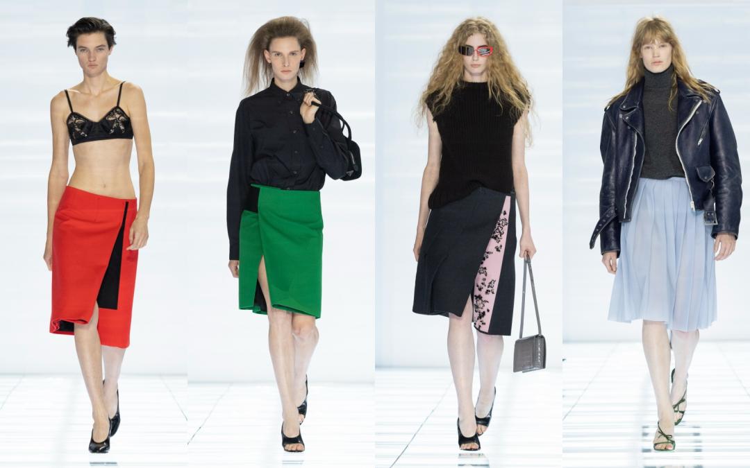 Miuccia Prada與Raf Simons，在限制中展現創意，性感上身與優雅裙裝展現視覺反差，現代化的比例，讓熟悉單品產生變化。
