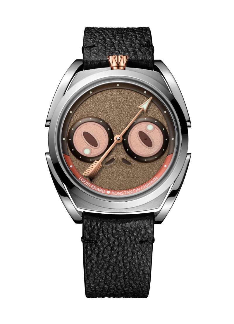 Louis Erard × Konstantin Chaykin Unfrogettable Brown暖棕色自動上鍊腕錶，搭載Sellita SW266-1自動上鍊三針一線機芯，Grade 5鈦金屬錶殼、5N玫瑰金色PVD鍍層王冠造型錶冠，搭配日本姬路黑棧革錶帶，動力儲存約38小時，錶徑40mm，防水深度50米，206,800元，全球限量178只。（Louis Erard提供）