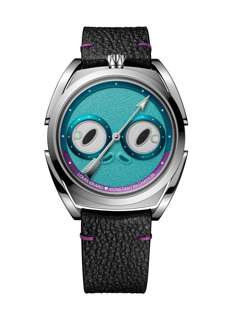 Louis Erard × Konstantin Chaykin Unfrogettable Turquoise湖水綠色自動上鍊腕錶，搭載Sellita SW266-1自動上鍊三針一線機芯，Grade 5鈦金屬錶殼、拋光鈦金屬王冠造型錶冠，搭配紫色縫線日本姬路黑棧革錶帶，動力儲存約38小時，錶徑40mm，防水深度50米，206,800元，全球限量178只。（Louis Erard提供）