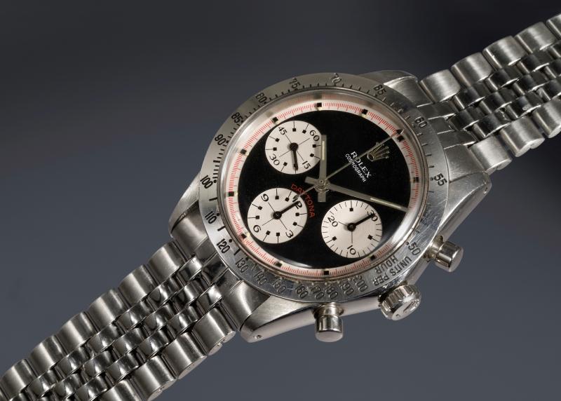 勞力士Cosmograph Daytona Ref.6239「Paul Newman Musketeer」精鋼計時腕錶，約1969年製，搭載罕見黑色Musketeer面盤，估價逾25萬瑞郎。（富藝斯提供）