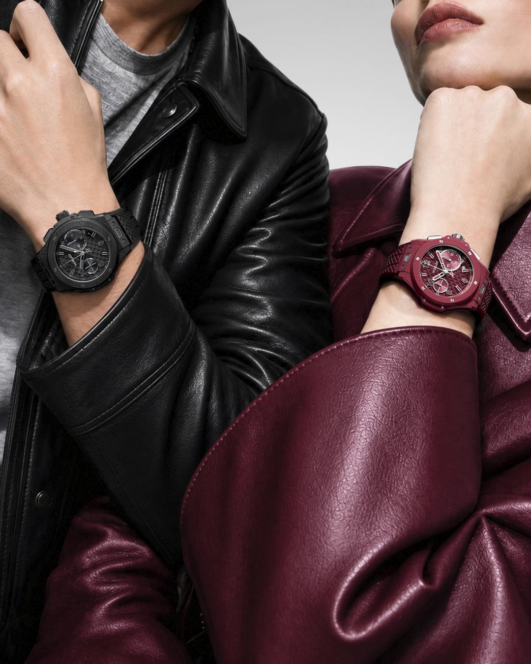 HUBLOT Big Bang Original霧絨腕錶搭配皮革造型入鏡，以黑、紅色調與全新材質營造高級訂製服般的觸覺質感。