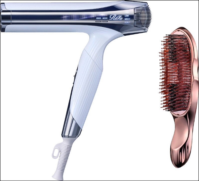 hengstyle ReFa BEAUTECH DRYER SMART W珍珠白水潤隨行吹風機（圖左）、ReFa ION CARE BRUSH PREMIUM柔淨雙效護髮梳（圖右），一組原價13,980元、特價11,000元（79折，獨家）。