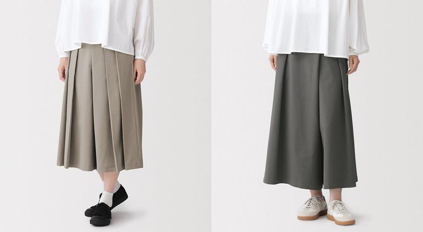 MUJI女裝女直線剪裁日式和服寬襬褲1,390元、直線剪裁日式和服褲裙1,390元。(MUJI提供，以下同)