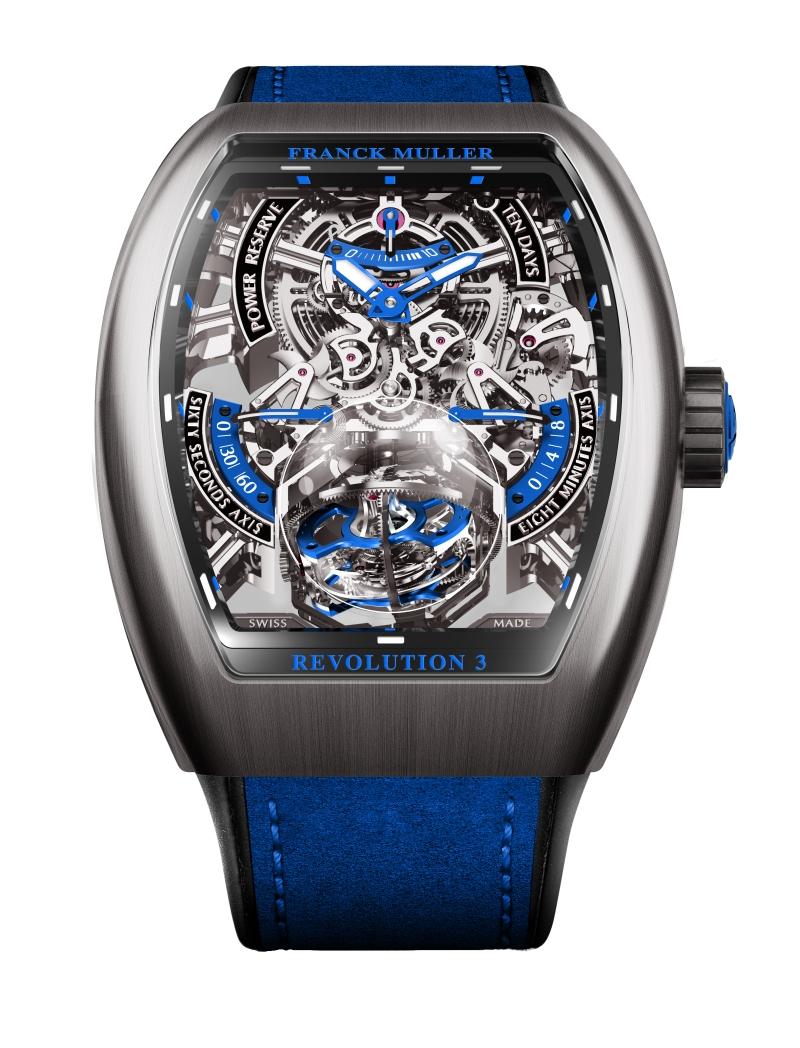 FRANCK MULLER Vanguard Revolution 3 Skeleton三軸陀飛輪腕錶，搭載FM 2030-SMR-VS手動上鍊自製機芯，二級鈦金屬錶殼，具時、分、三軸陀飛輪及動力儲存顯示，錶殼46×55.9mm，動力儲存10日，防水30米，約20,100,000元。（FRANCK MULLER提供）