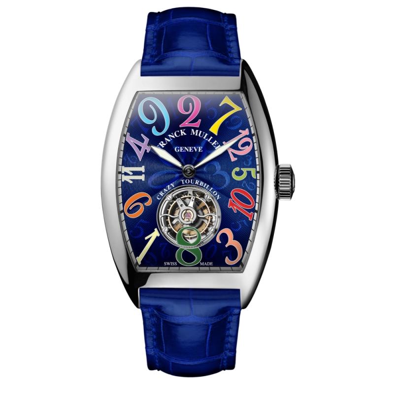 FRANCK MULLER Cintrée Curvex Crazy Hours跳時陀飛輪腕錶，搭載FM 2001-2-VCH手動上鍊自製機芯，18K白金錶殼，具跳時、分鐘及陀飛輪秒數顯示，錶殼36×50.4mm，動力儲存60小時，防水30米，約6,780,000元。（FRANCK MULLER提供）
