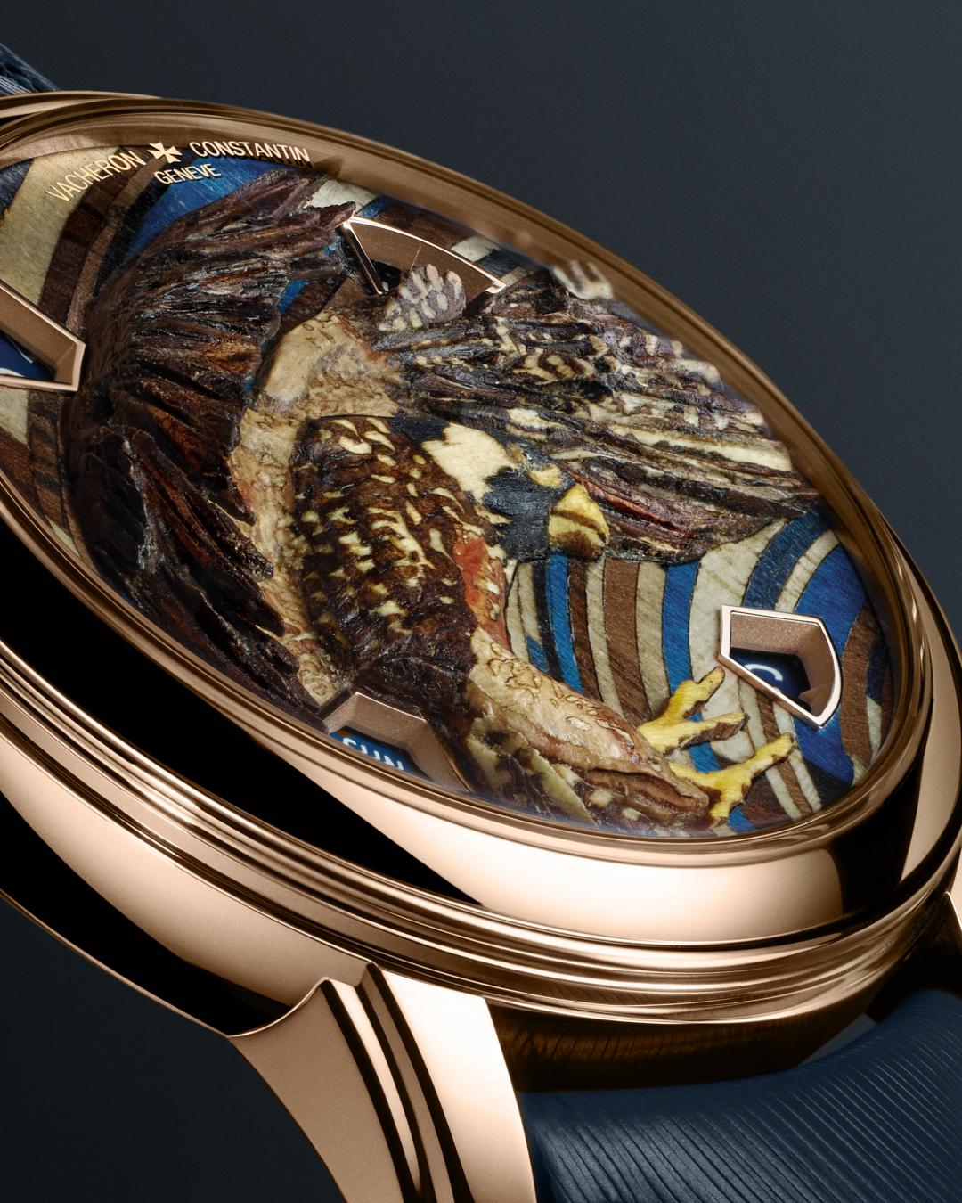 Métiers d’Art藝術大師系列致敬動物王國腕錶，木鑲鷹翼。