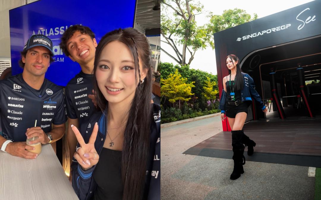 子瑜以又酷又辣的造型，與F1賽車手Carlos Sainz及Alex Albon相見歡。