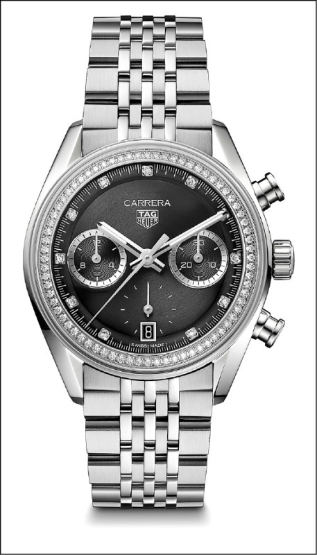 Carrera Glassbox黑面鑲鑽計時腕錶，搭載Calibre TH20-00自動上鍊機芯，計時及日期顯示，錶徑39mm，動力儲存80小時，防水深度100米，299,500元。