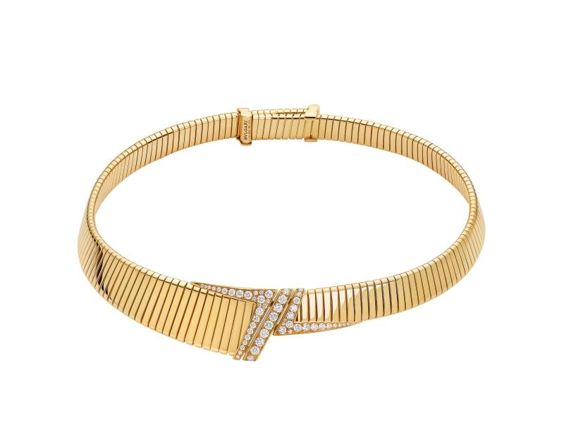 BVLGARI Tubogas系列 黃金鑲鑽頸鍊。（BVLGARI提供）