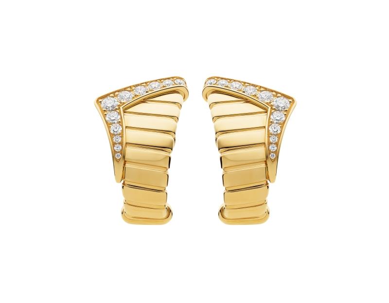 BVLGARI Tubogas系列 黃金鑲鑽耳環。（BVLGARI提供）