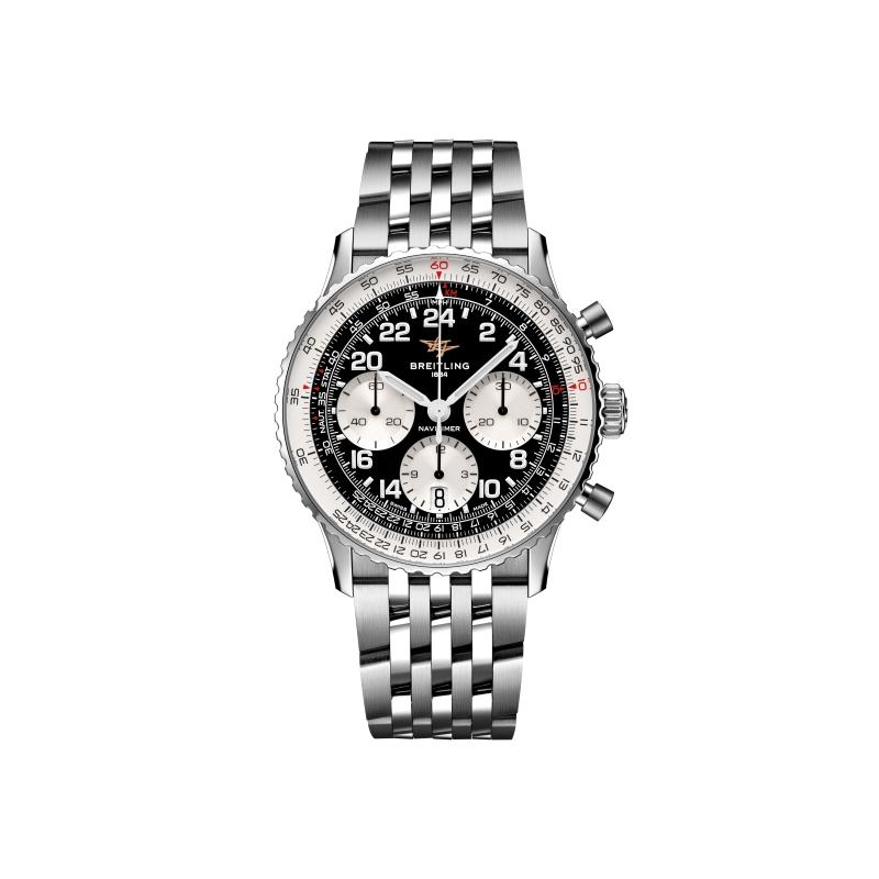 百年靈Navitimer B02 Chronograph 41 Cosmonaute航空計時太空人腕錶，搭載B02手動上鍊機芯，精鋼錶殼、24小時制黑色錶盤、七排精鋼錶鏈，日期顯示與計時功能，動力儲存約70小時，錶徑41mm，防水深度30米，價格店洽。（BREITLING提供）
