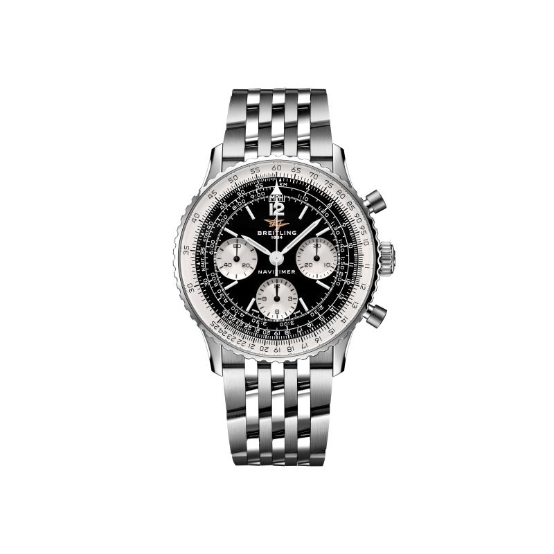 百年靈Navitimer B09 Chronograph 41航空計時腕錶，搭載B09手動上鍊機芯，精鋼錶殼、黑色錶盤、七排精鋼錶鏈，計時功能，動力儲存約70小時，錶徑41mm，防水深度30米，約252,000元。（BREITLING提供）