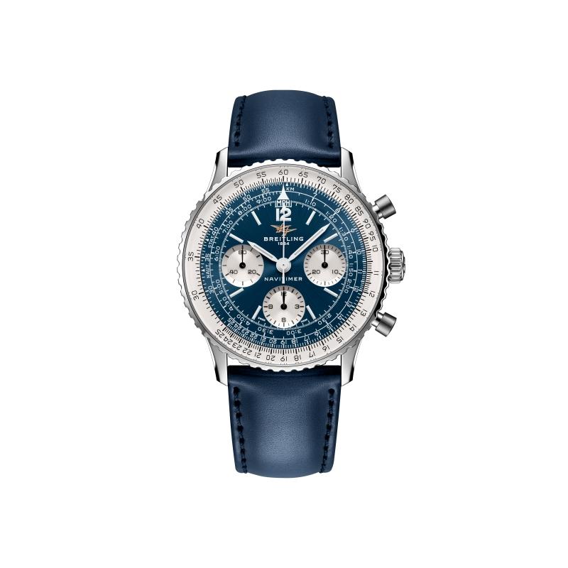 百年靈Navitimer B09 Chronograph 41航空計時腕錶，搭載B09手動上鍊機芯，精鋼錶殼、藍色錶盤、藍色小牛皮錶帶，計時功能，動力儲存約70小時，錶徑41mm，防水深度30米，約239,000元。（BREITLING提供）