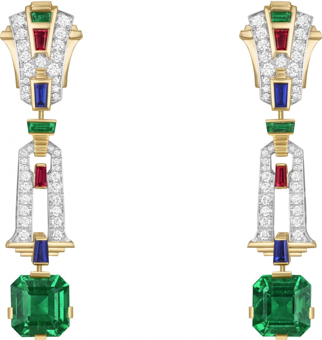 Van Cleef & Arpels Équilibre sacré可拆式垂飾耳環，祖母綠、紅寶石、藍寶石、鑽石、黃K金及白K金。