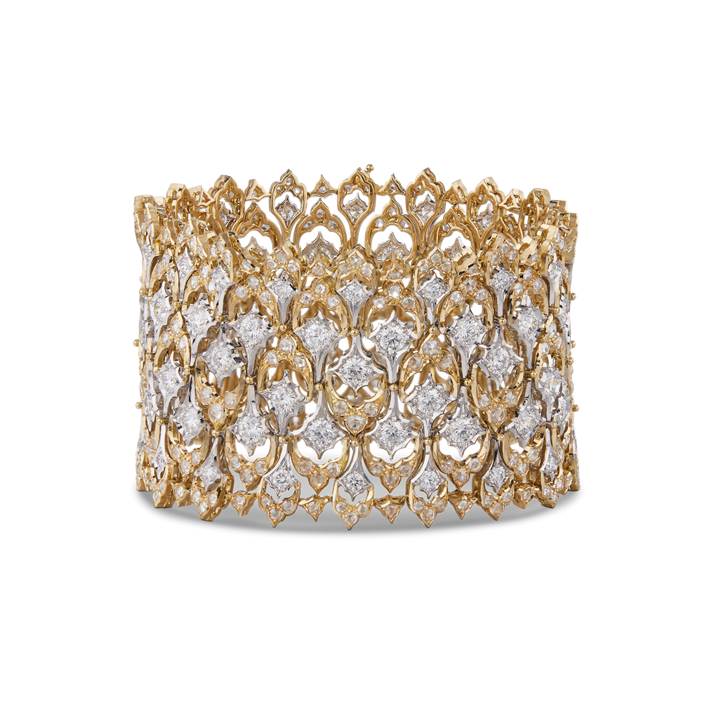 Buccellati Serenissima 手鐲，黃金、白金、鑽石。