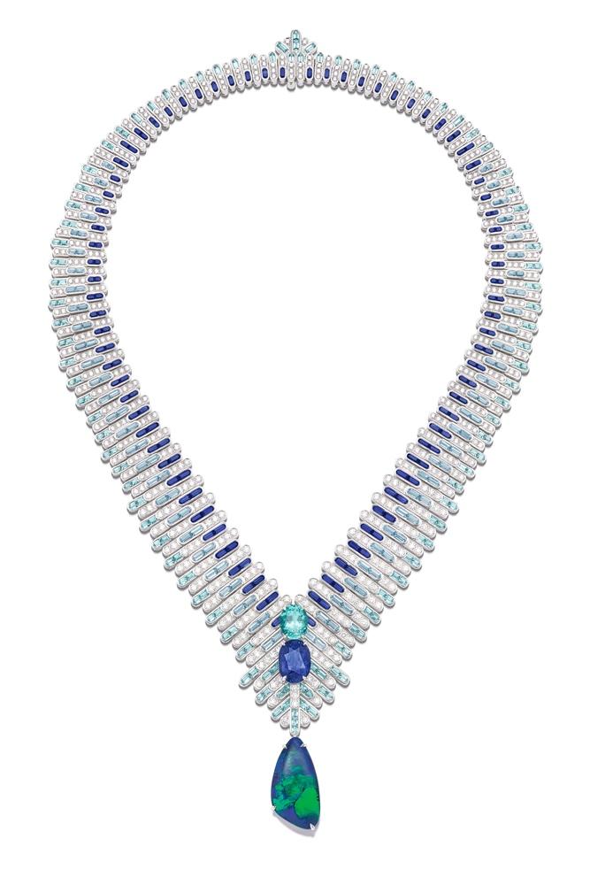 PIAGET Blue Illusions轉換式項鍊，18K白金、帕拉伊巴碧璽、藍寶石、黑蛋白石、鑽石。