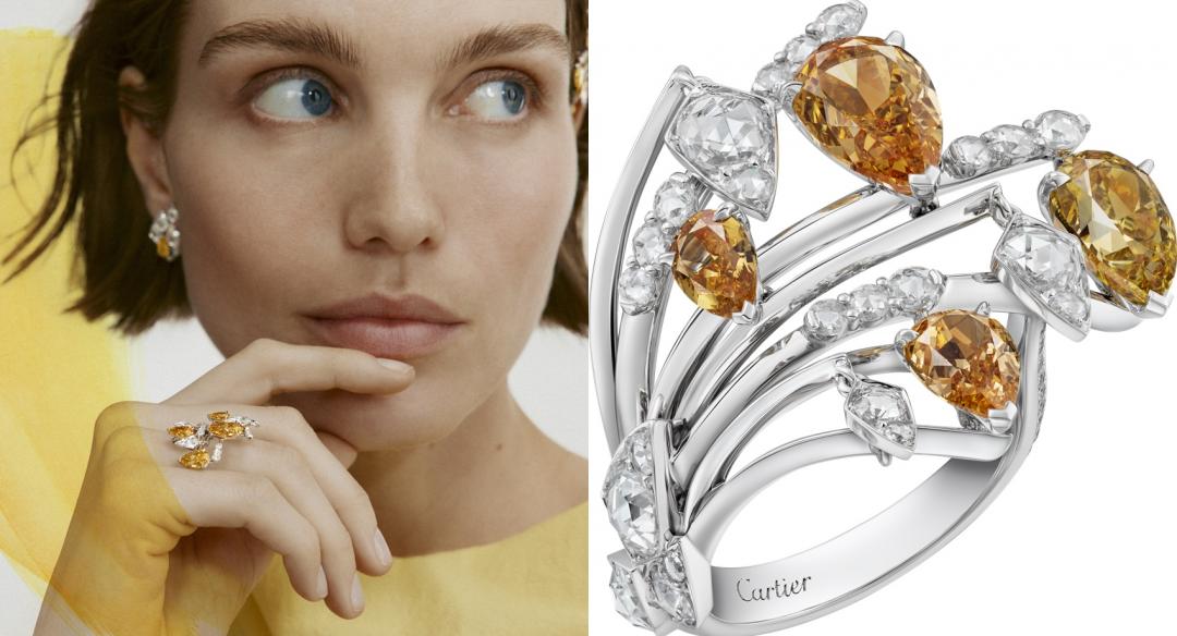 Cartier Pyra珠寶作品，可轉換為耳環、胸針及髮飾。黃鑽、鑽石。