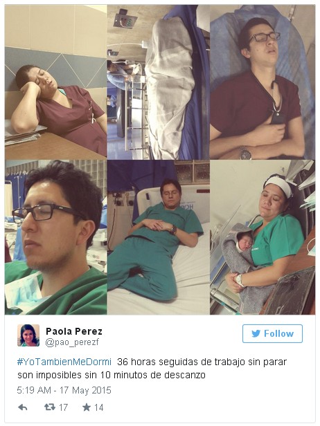 一名厄瓜多爾的外科醫生推文寫道「#YoTambienMeDormi（我也睡著了）36 小時無歇止的工作，不可能過程中不休息 10 分鐘。」