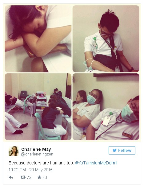 「身為住院醫生過著 30 小時連續工時和每周 80 小時工時的生活，現在的我在哪兒都可以輕易入睡了。醫生也是人。#YoTambienMeDormi」
