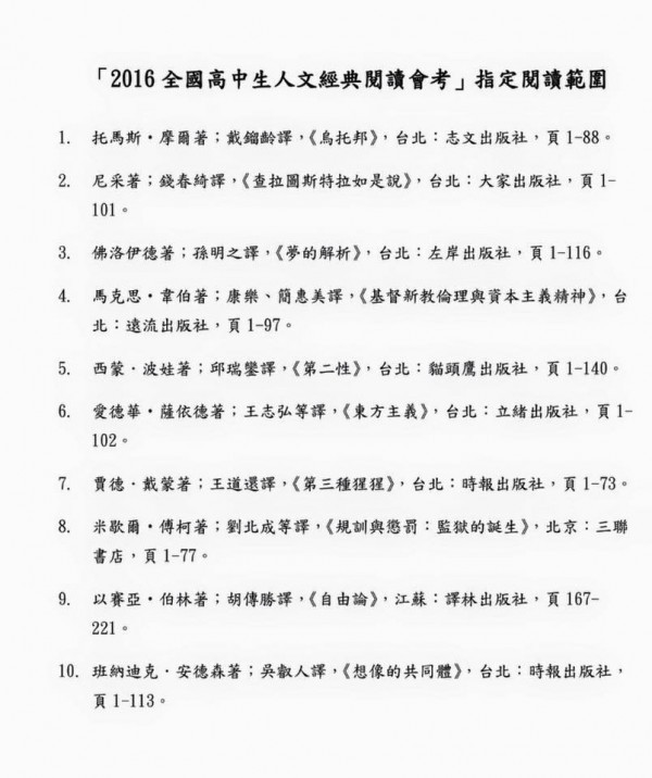 為鼓勵學生閱讀，師大文學院舉辦「2016全國高中生人文經典閱讀會考競賽活動」，但書單引發不少討論。（圖擷自蔣竹山臉書）
