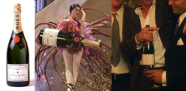 電影《午夜．巴黎》裡，海明威手上拿的Moët & Chandon 1921年份香檳（右圖），與電影《大亨小傳》裡特製大瓶香檳瓶標相同（中圖）。（圖：Moët & Chandon）