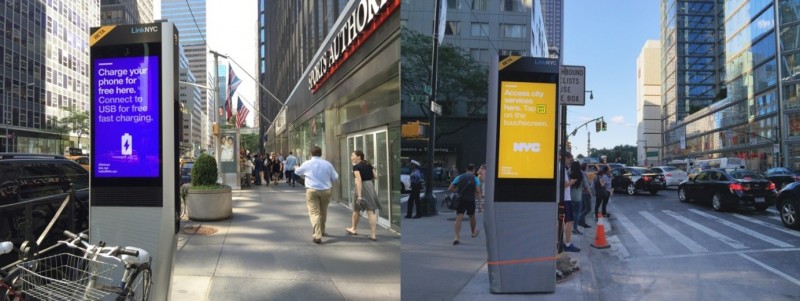 用來取代舊公共電話的數位網路平台LinkNYC提供免費的高速無線上網，USB充電，網頁瀏覽和資訊提供等多項服務，預計在2023年前在整個紐約市安裝7500座LinkNYC。（圖：作者提供）