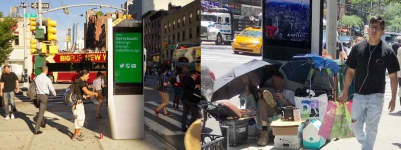 LinkNYC帶給紐約客方便的數位科技服務，但也開始浮現一些問題。民眾長時間佔據一座機器，甚至在旁邊紮營久駐，可能都會對當地社區帶來負面影響。（圖：作者提供）