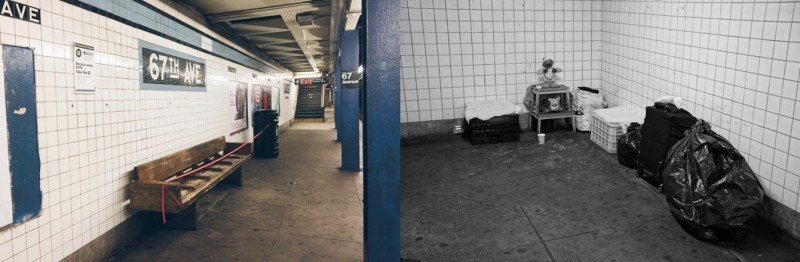 紐約地鐵站可以避風擋雨，一些地鐵站都可以見到「長住」的遊民。8月中一位在筆者住處地鐵站（左）的遊民因熱衰竭而過世，引起當地網路社群一遍哀悼之聲。（圖：作者提供）