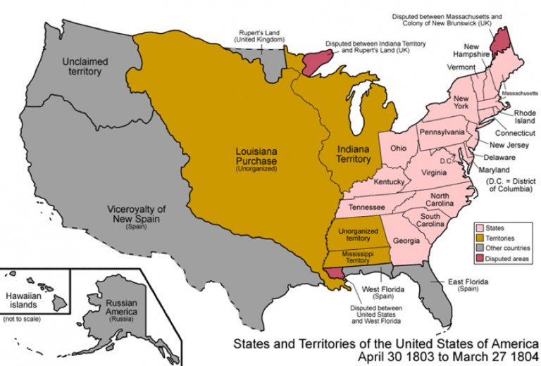 土黃色區域是「路易斯安娜採購」（Louisiana Purchase）的範圍